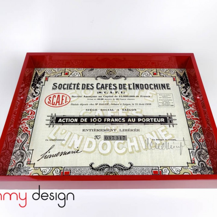 Red lacquer rectangular tray with Coffee Company of Indochina 42*32*5cm